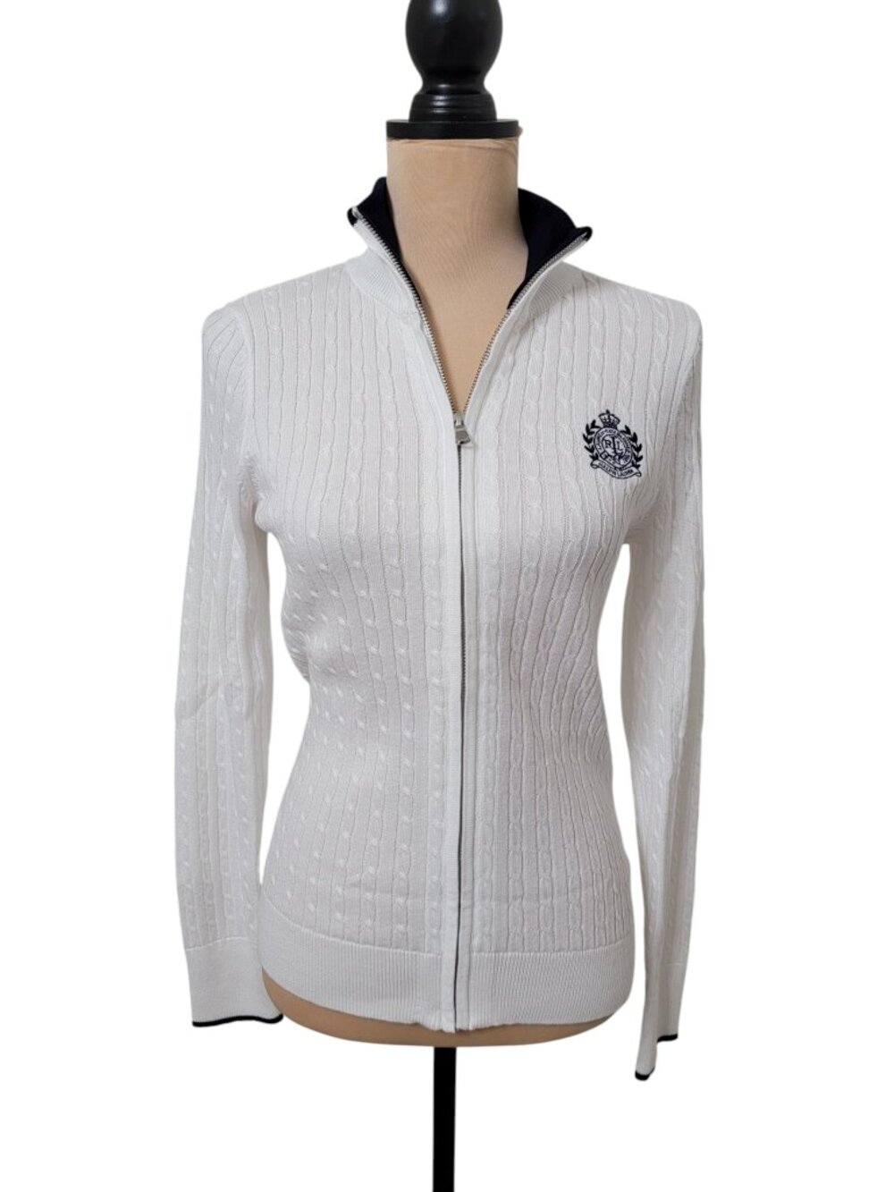 Lauren Ralph Lauren Size S White with Blue Trim Cable Knit Full Zip Sweater, NEW